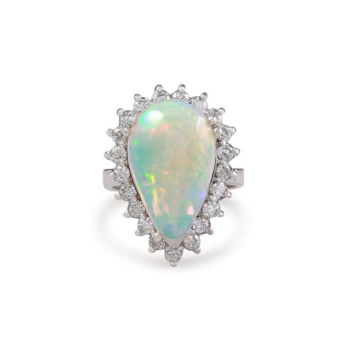 New Amazing Ladies Pear Opal And Round Diamonds White Gold Gemstone Ring