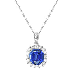 14K Gold Halo Cushion Blue Sapphire & Natural Earth Mined Diamond Pendant 2.75 Carats