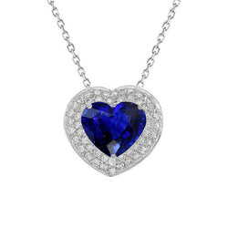 14K Gold Halo Heart Dark Blue Sapphire & Diamond Pendant 3.50 Carats
