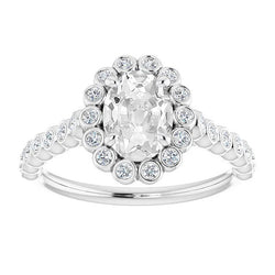 14K Gold Halo Ring Oval Old Mine Cut Natural Earth Mined Diamond Bezel Set 7 Carats