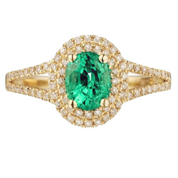 14K Gold Oval Shaped Green Emerald With Round Diamond Ring 6 Carats