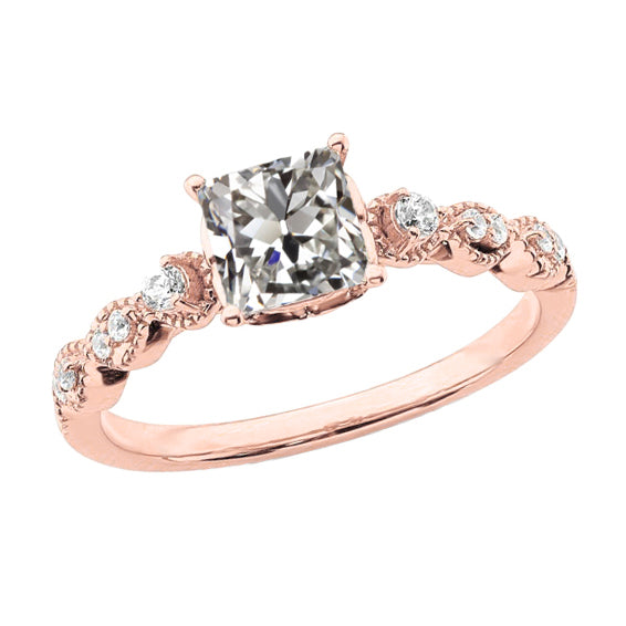 Rose & White Anniverary Round & Cushion Old Cut Diamond Ring