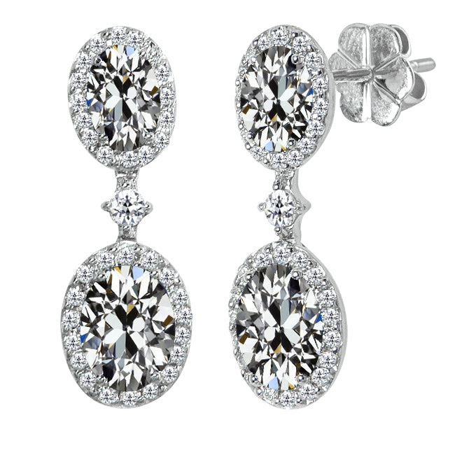 14K White Gold Halo Diamond Oval Old Cut Dangle Earrings 12.50 Carats