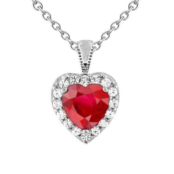 White Gold Heart Cut Red Ruby & Natural Earth Mined Diamond Necklace Pendant 2.70 Carats