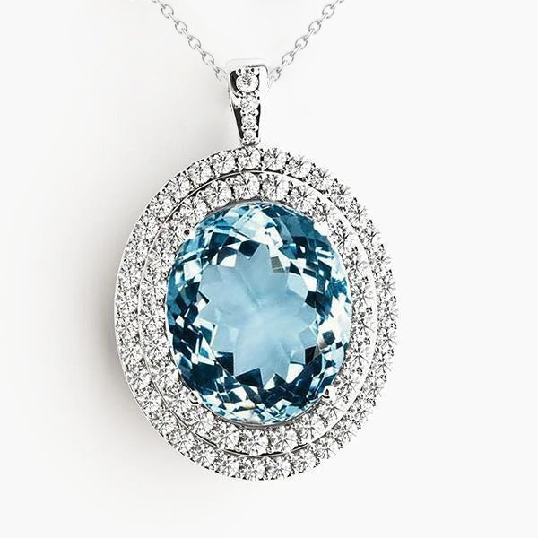 14K White Gold Pendant With Chain 14 Carats Aquamarine And Natural Earth Mined Diamonds