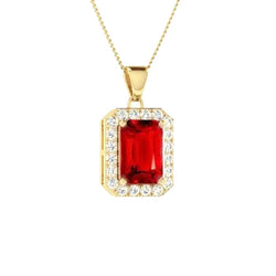 14K Yellow Gold Emerald Cut Ruby With Diamond Pendant 4.25 Carats