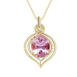 14K Yellow Gold Ladies Pink Kunzite Diamond Pendant Gemstone Jewelry
