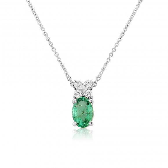 14K Gold White 3.40 Carats Emerald With Diamonds Pendant Necklace Pendant