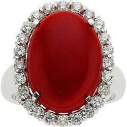 11.25 Ct Prong Set Red Coral With Diamonds Ring 14K White Gold
