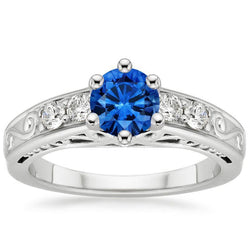 2.60 Carats Round Ceylon Sapphire Natural Earth Mined Diamonds Ring 14K White Gold