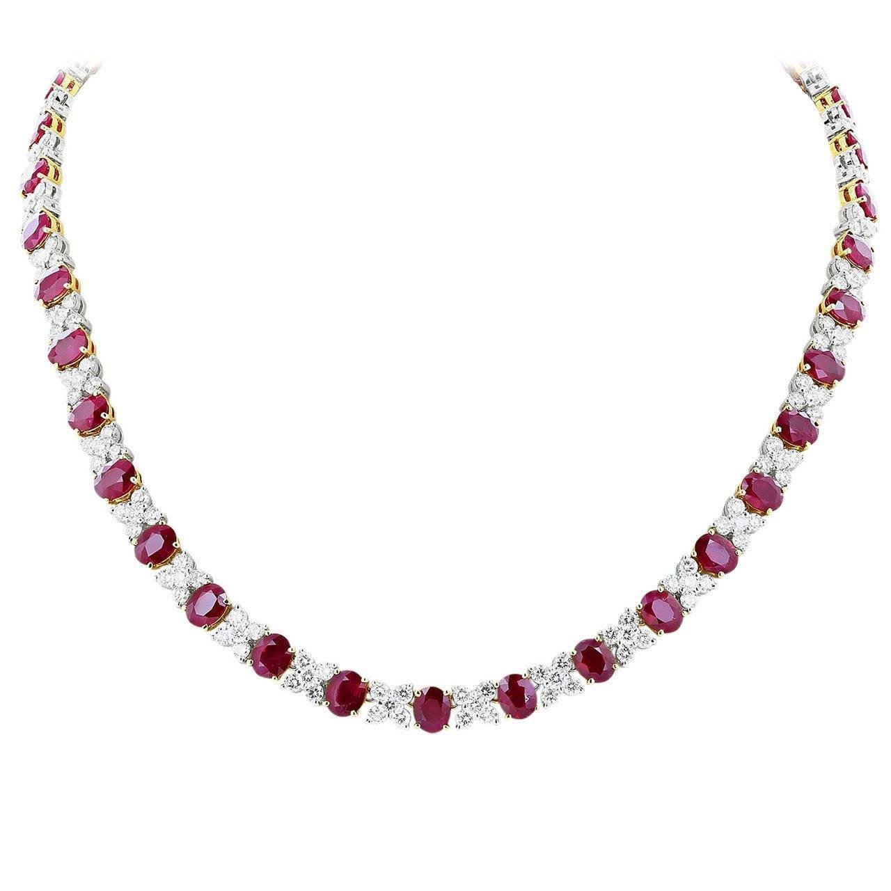14K White Gold 32 Ct Oval Ruby With Round Diamonds Necklace New Gemstone Necklace
