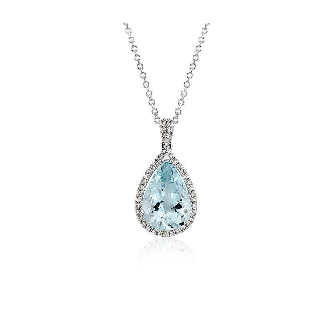 14K White Gold 9 Ct Pear Aquamarine With Diamond Pendant New Gemstone Pendant