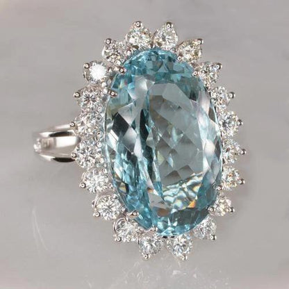 Elegant Woman's  White Gold Aquamarine With Diamonds   Engagement Ring Gemstone Ring
