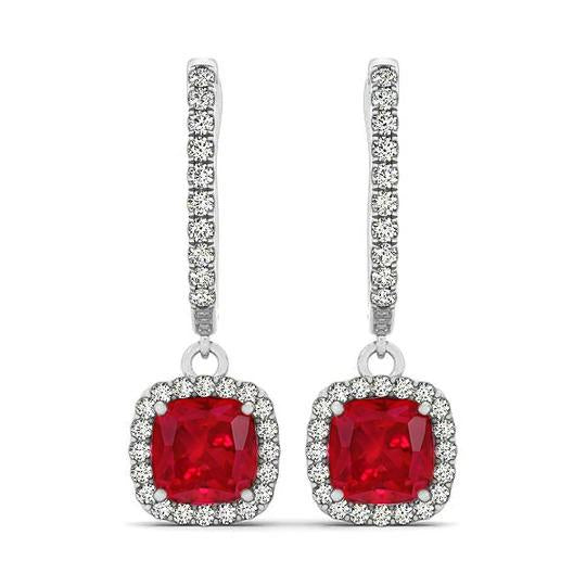   White Gold Brilliant Cut  Ruby And Diamonds Dangle Earrings Gemstone  