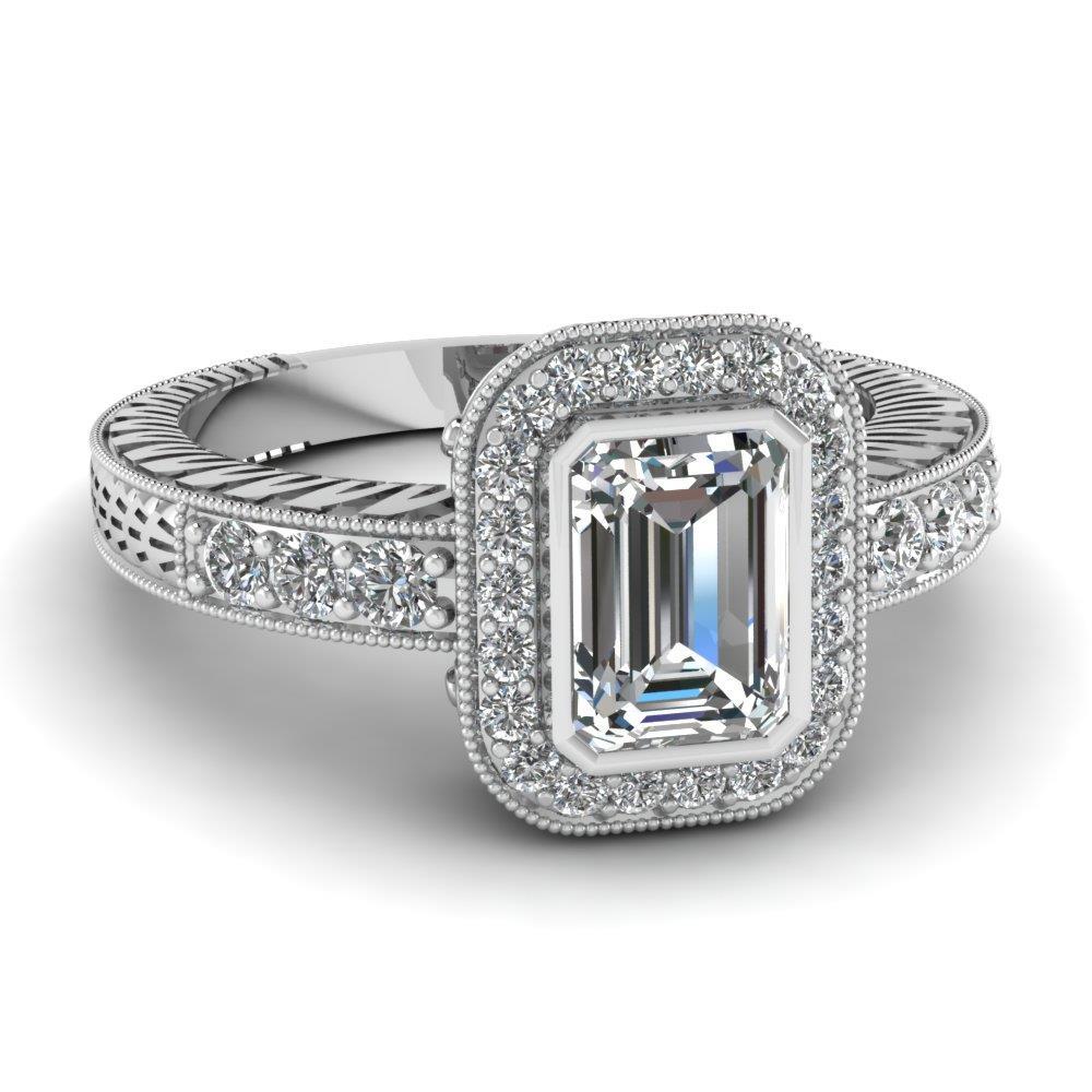 14K White Gold Emerald Cut Halo Diamond Antique Style Ring 1.50 Ct Halo Ring