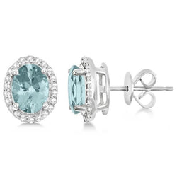 White Gold Lady Stud Earrings 5.80 Ct Aquamarine And Natural Earth Mined Diamonds