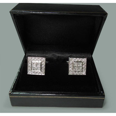 14K White Gold Men'S Cufflink Pair 3.50 Carat Diamonds Cufflinks Earrings