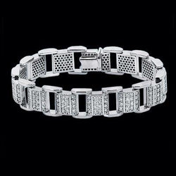 14K White Gold Men's Link Bracelet 8.50 Carats Round Cut Diamonds