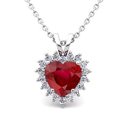 14K White Gold Pendant Necklace 5.50 Carats Red Ruby With Diamonds