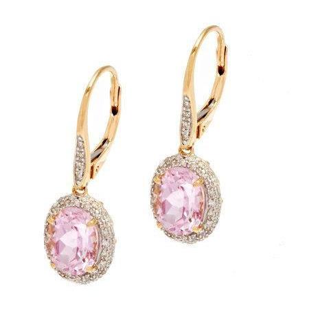  ellow Gold Pink Kunzite With Diamonds  Female new Anniversar  Dangle Earring