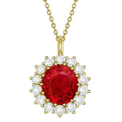 14K Yg Ruby And Diamonds 8.40 Carats Pendant Necklace With Chain
