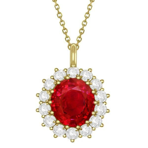 14K Yg Ruby And Diamonds 8.40 Carats Pendant Necklace With Chain Gemstone Pendant