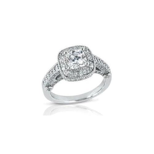 1.5 Carats Princess With Round Diamond Antique Style Ring Halo White Gold Halo Ring