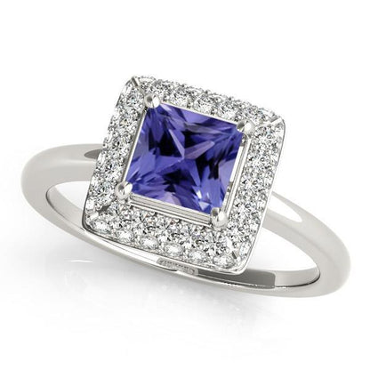 Lady’s  Princess Cut Tanzanite With Diamond   White Gold Gemstone Ring