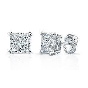 New Prong Set Princess Cut Diamond Stud Earring White Gold 