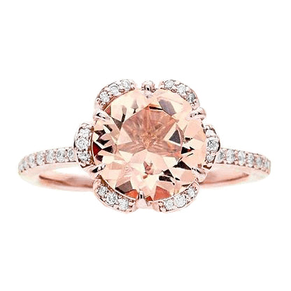 Elegant Woman's Round Cut Morganite And Diamonds Ring Gold Rose