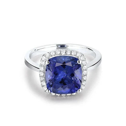 15.25 Ct Cushion Tanzanite With Natural Earth Mined Diamonds Ring Gold 14K