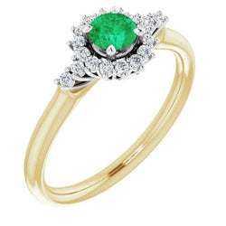 1.50 Carats Diamond Round Green Emerald Ring Two Tone Gold 14K
