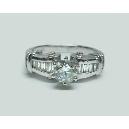   Fancy Lady’s Sparkling Vintage Style White Gold Engagement Anniversary   Round And Baguette Diamond Engagement Ring Engagement Ring