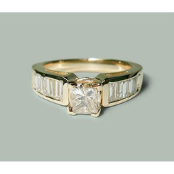 1.50 Ct Princess & Baguette Real Natural Earth Mined Diamond Engagement Ring Yellow Gold