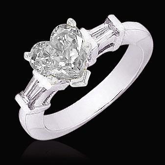1.51 Carat Heart Diamond Engagement Ring 3 Stone Gold Baguettes Three Stone Ring