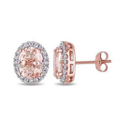 14.98 Ct Oval Morganite With Round Diamonds Studs Earrings Gold 14K