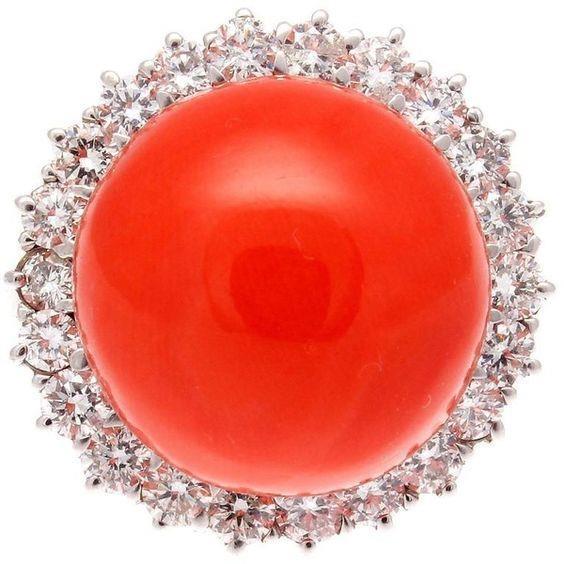  Fancy Lady’s  Big Red Coral And Diamonds Engagement Ring White Gold  Gemstone Ring