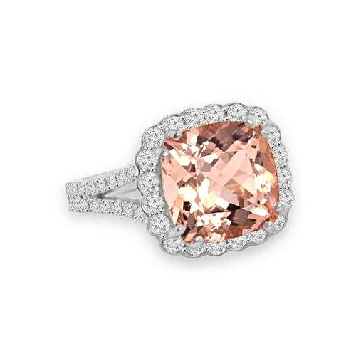 New Ladies   Cushion Morganite With Round Diamonds Ring  White Gold Gemstone Ring