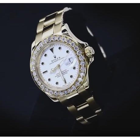 Watch Bezel Midsize Yachtmaster Rolex Watch Custom Diamond Bezel White Dial