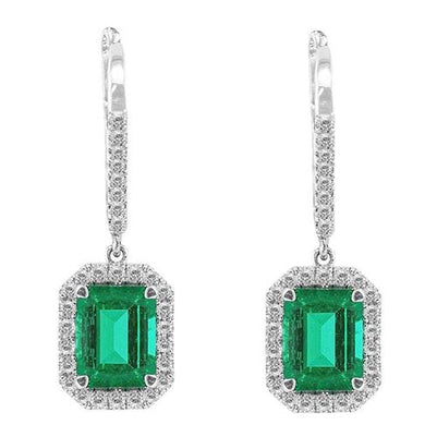 15.50 Ct. Emerald Shaped Green Emerald Diamond Dangle Earring Wg 14K Gemstone Earring