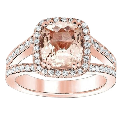 Elegant Woman's  Cushion Morganite And Round Diamonds Ring Rose Gold