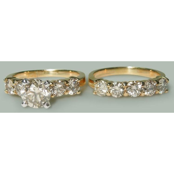 3.51 Ct Round Diamonds Engagement Ring  Band Set Yellow Gold Ring Set