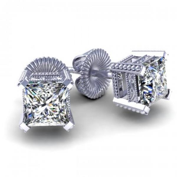 Princess Solitaire Diamond Stud Earring  White Gold 