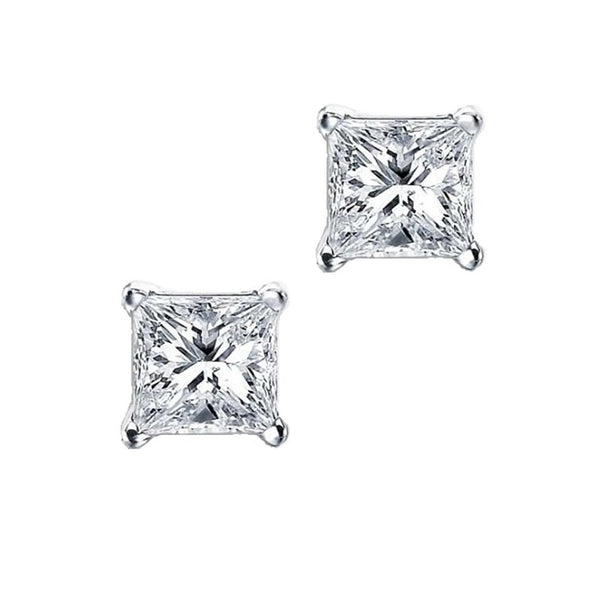 New  Princess Cut Diamond  White Gold Prong Set Stud Earrings