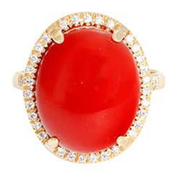 17 Ct Big Red Coral And Small Natural Earth Mined Diamonds Wedding Ring Gold 14K