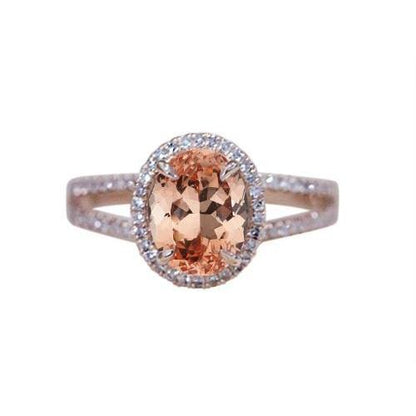 17.25 Ct Oval And Round Cut Morganite With Diamonds Ring Rose Gold Gemstone Ring