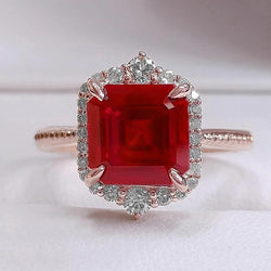 17 Carats Big Asscher Shaped Red Ruby And Diamond Ring Gold 14K