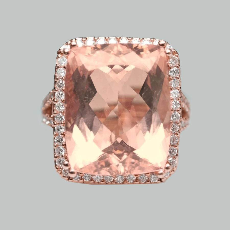  High Quality Fancy  Morganite And Diamonds Anniversary Ring Gold Rose