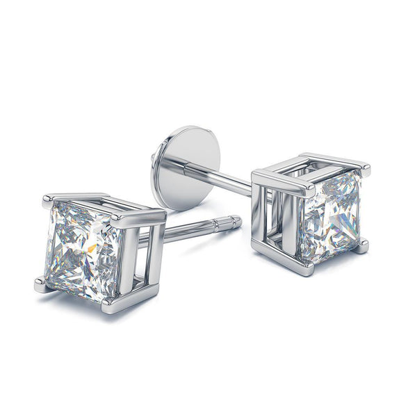 Ladies Princess Cut Women White Gold Stud Earrings