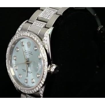 Date Rolex 34Mm Watch Iced Out Custom Diamonds Blue Dial Bezel Ss Watch Bezel